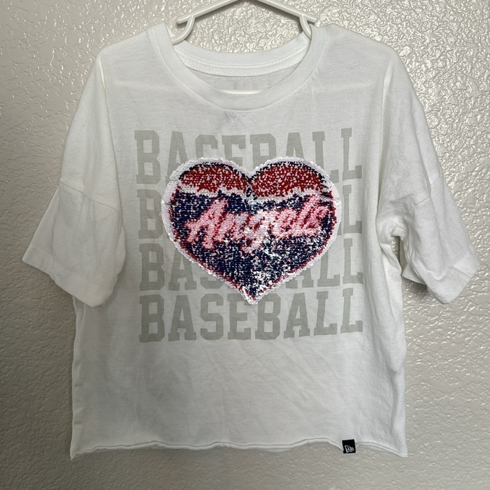 New Era White Los Angeles Angels Flip Sequin Heart Crop Top Size 7/8 - Picture 2 of 4